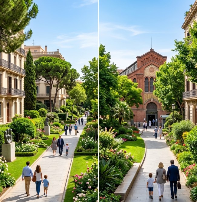 Vistas de las calles tranquilas, la naturaleza urbana del Turó Park y zonas residenciales exclusivas en Sant Gervasi-Galvany